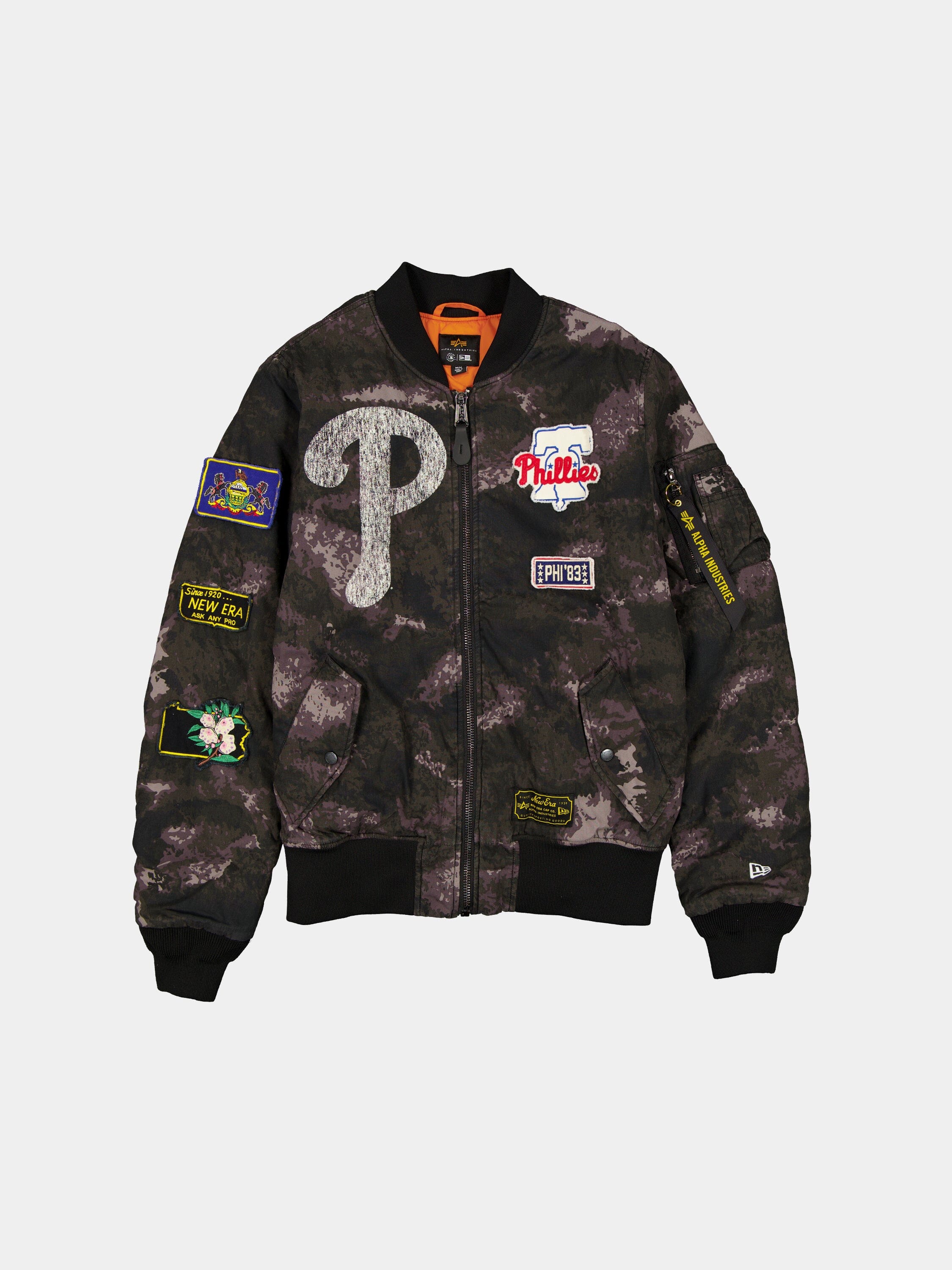 PHILADELPHIA PHILLIES X ALPHA X NEW ERA MA-1 BOMBER JACKET (BLACK CAMO)
