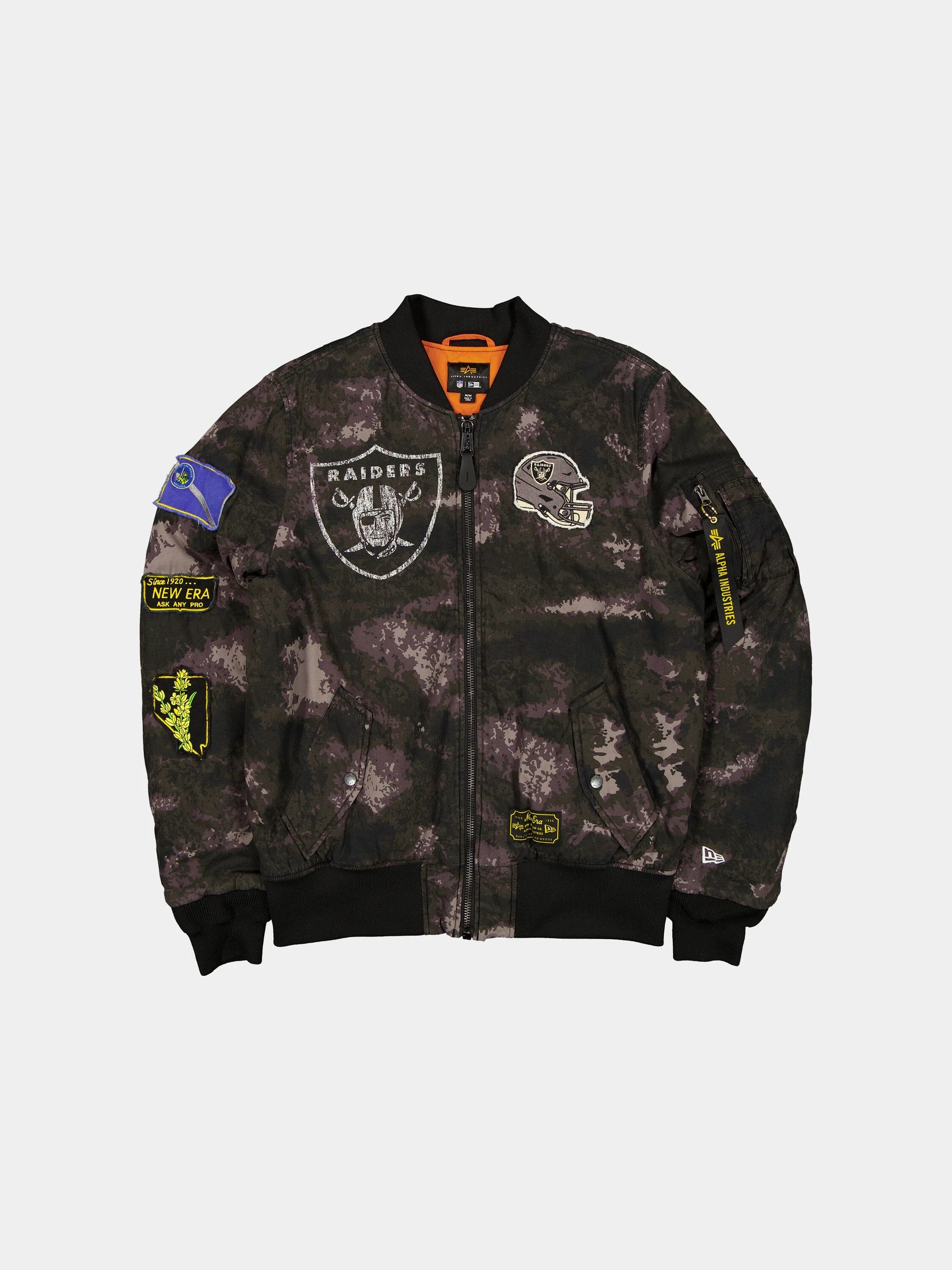 LAS VEGAS RAIDERS X ALPHA X NEW ERA MA-1 BOMBER JACKET (BLACK CAMO)