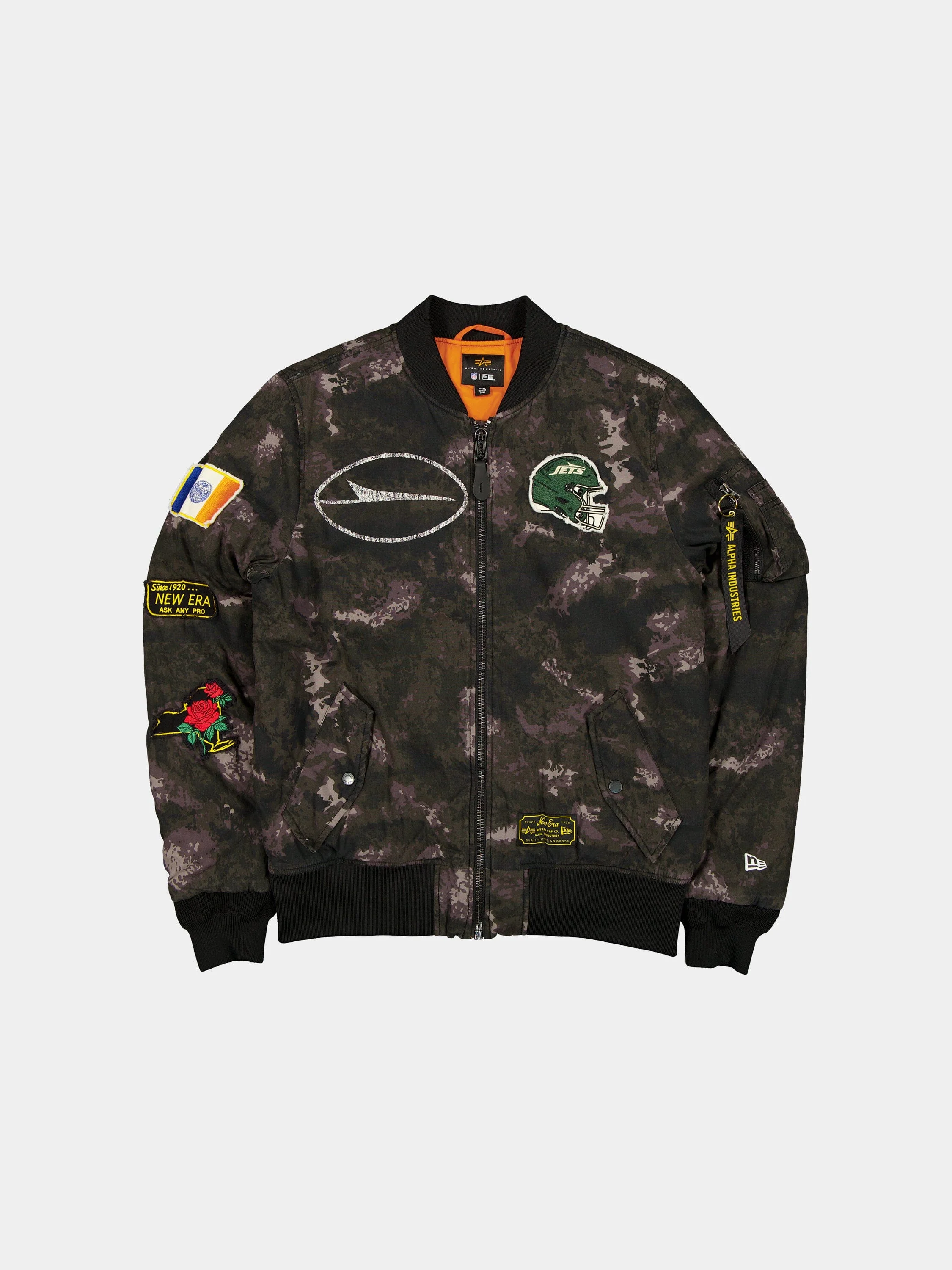 NEW YORK JETS X ALPHA X NEW ERA MA-1 BOMBER JACKET (BLACK CAMO)