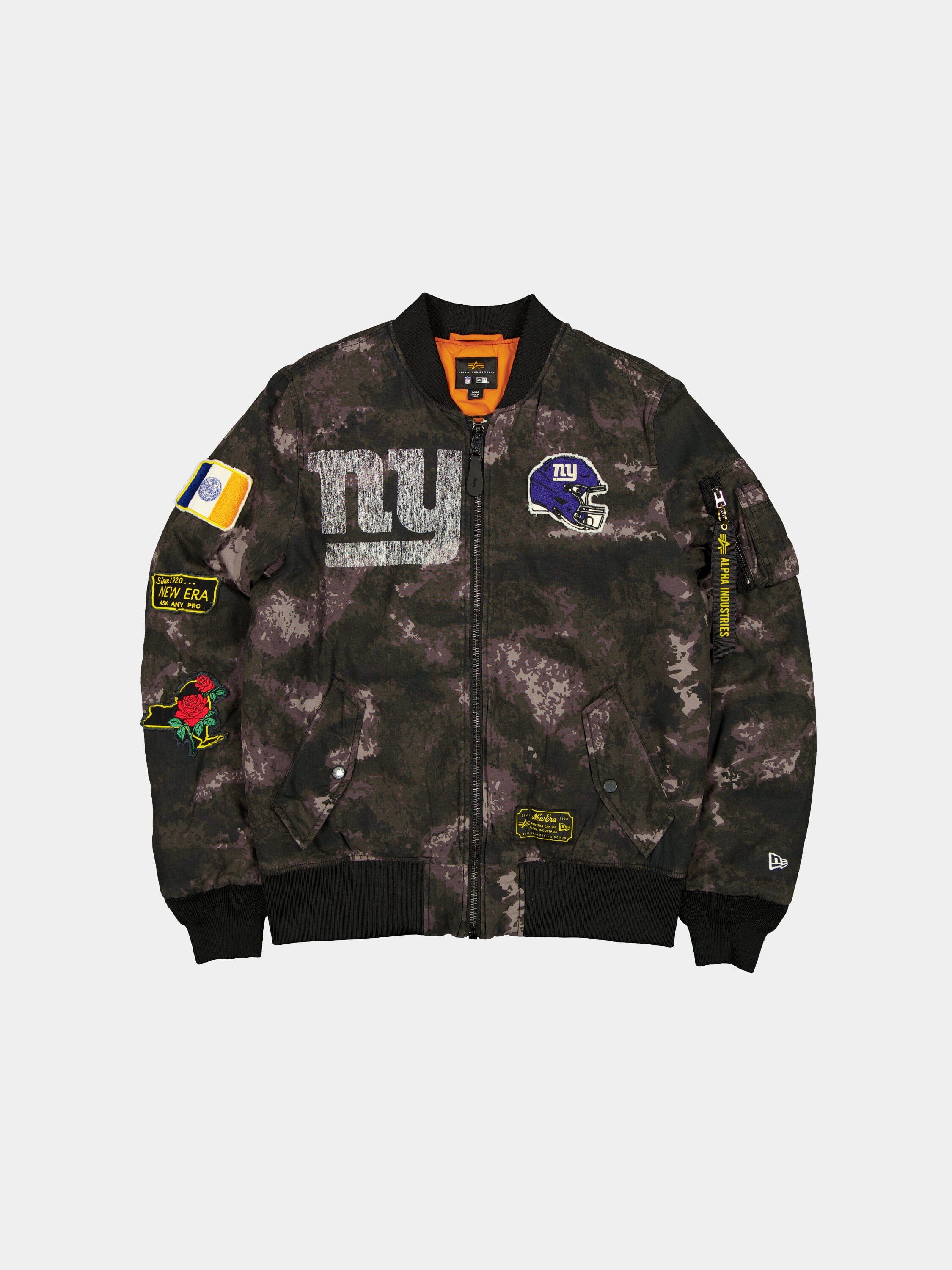 NEW YORK GIANTS X ALPHA X NEW ERA MA-1 BOMBER JACKET (BLACK CAMO)
