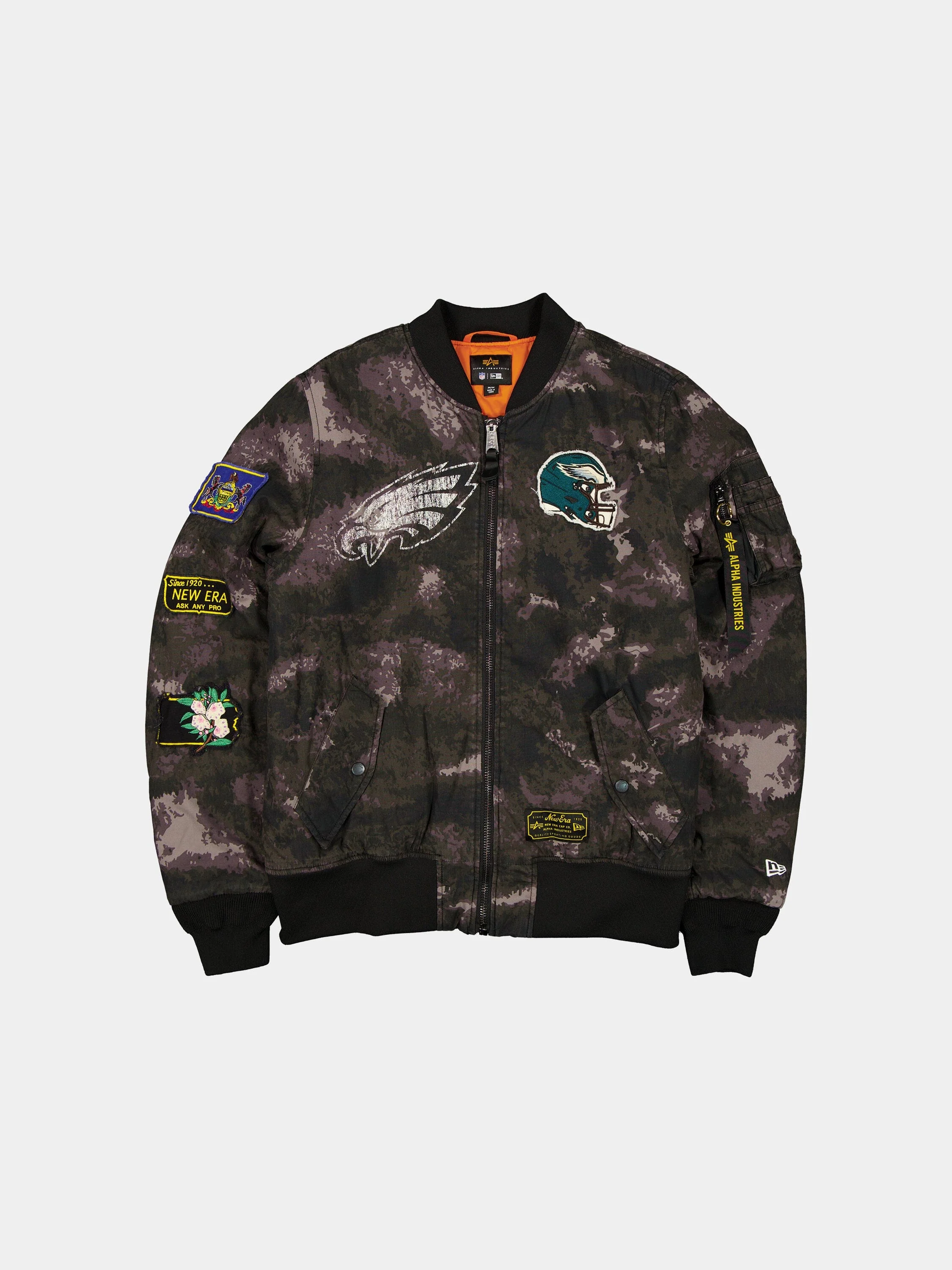 PHILADELPHIA EAGLES X ALPHA X NEW ERA MA-1 BOMBER JACKET (BLACK CAMO)