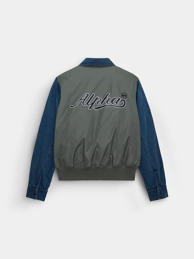 DENIM RELAXED MIXED MEDIA FLIGHT JACKET